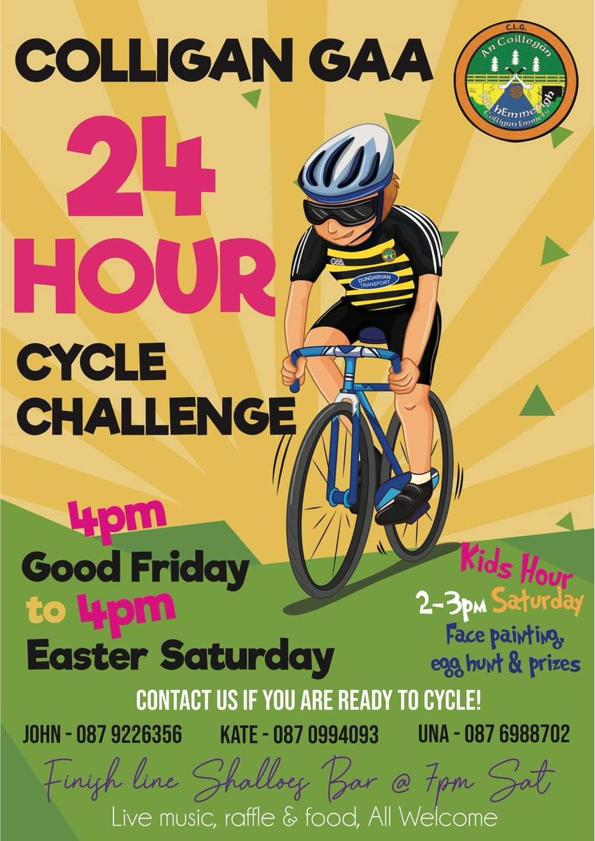 🚴‍♂️💨 EASTER BANK HOLIDAY BONANZA THIS WEEKEND - COLLIGAN CYCLE CHALLENGE 🎉 One more sleep to go folks! ✅️⚫️🟡🚲 Join us for the eagerly awaited 24 Hour Cycle Challenge - an epic round-the-clock event starting from 4 PM tomorrow (Good Friday) to 4 PM Easter Saturday! 🐣