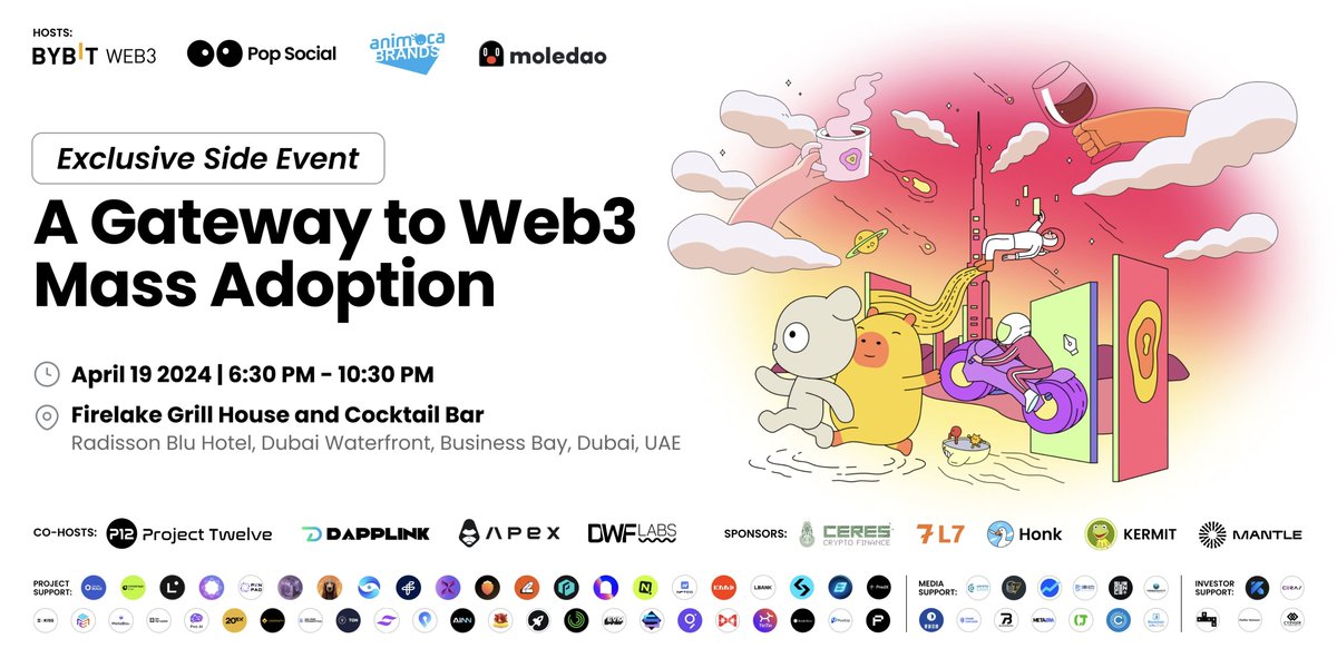 Join @popapp_official, @Bybit_Web3, @animocabrands, & @moledao_io for a one-of-a-kind night of #Web3 networking, along with our co-hosts @DWFLabs, @OfficialApeXdex, @0xdapplink, and @_p12_! Don't miss out on this incredible event with our amazing sponsors; @CeresCapital_,
