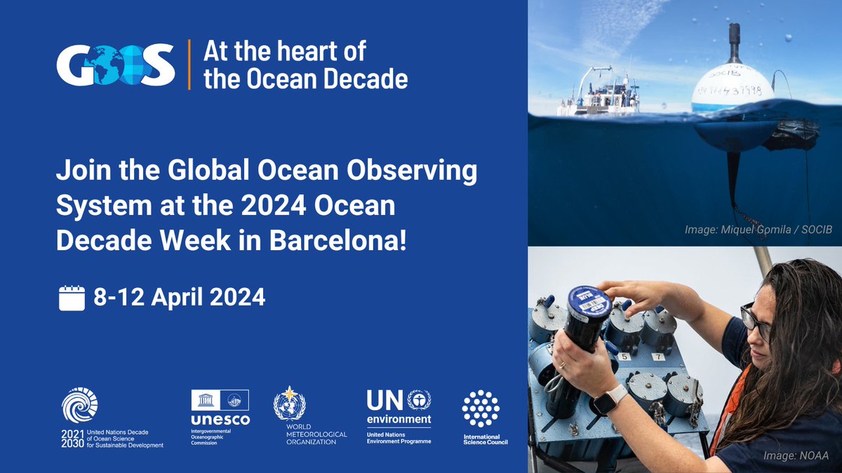 Join GOOS in exploring the forefront of ocean science and innovation during an entire #OceanDecadeWeek on 8-12 April 2024 throughout Barcelona! 📅 Key ocean observing events: lnkd.in/dhT7Drnz 🔎 Download the GOOS Ocean Decade Week flyer: lnkd.in/djzAcumh