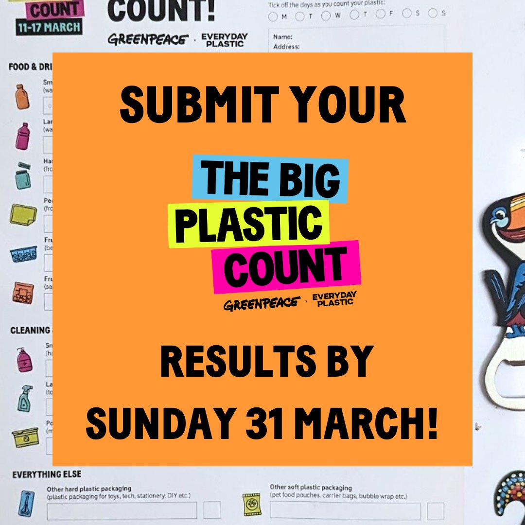 🥳 It’s nearly the bank holiday weekend! Hurrah! But remember - this Sunday is your final chance to submit your results for The Big Plastic Count! 📝 Enter your results on our website at act.gp/4cqYY9w @GreenpeaceUK #BigPlasticCount #reducewaste #lessplastic #noplanetb