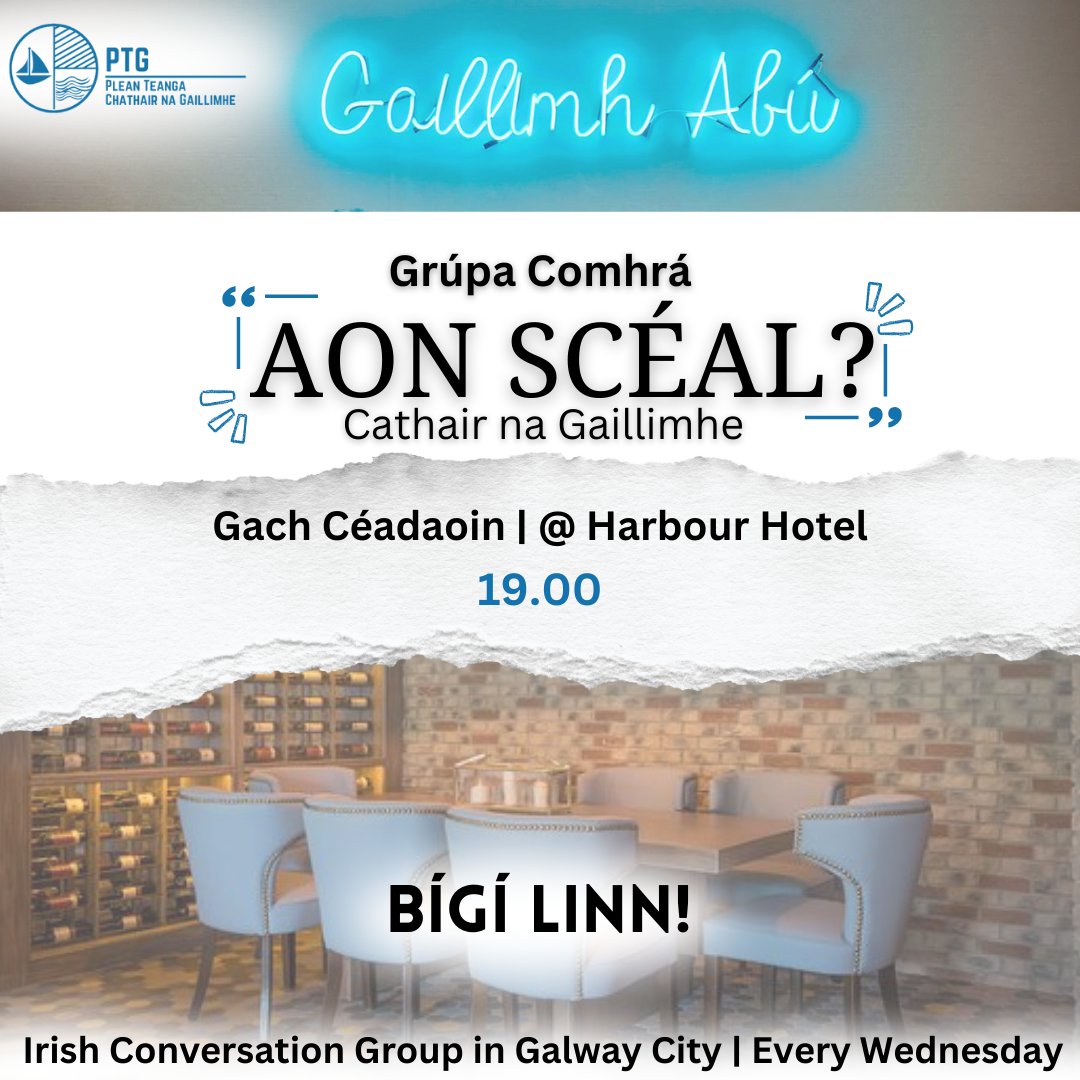 #ANOCHT #TONIGHT Beidh muid ag an @HarbourGalway don ghrúpa comhrá Gaeilge ‘Aon Scéal?’ anocht☕ Cuirimid fáilte roimh fhoghlaimeoirí & roimh dhaoine gur mhaith leo snas a chur ar a gcuid #Gaeilge Irish language group ‘Aon Scéal?’from 7pm -8pm. 💙 All levels of Irish welcome! ☘️