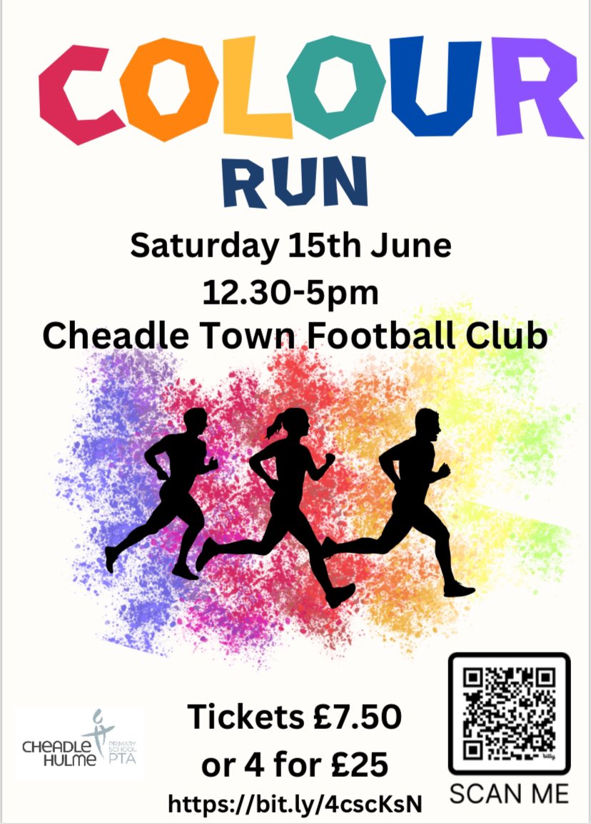 🎨🏃🏽

Booking for our Colour Run is now open!! 

Come &amp; join us for the afternoon on June 15th at Cheadle Town FC for what is sure to be a fun-filled &amp; colourful event! 

Tickets can be booked here: pta-events.co.uk/chpspta

If you can help out at the event please get in touch!