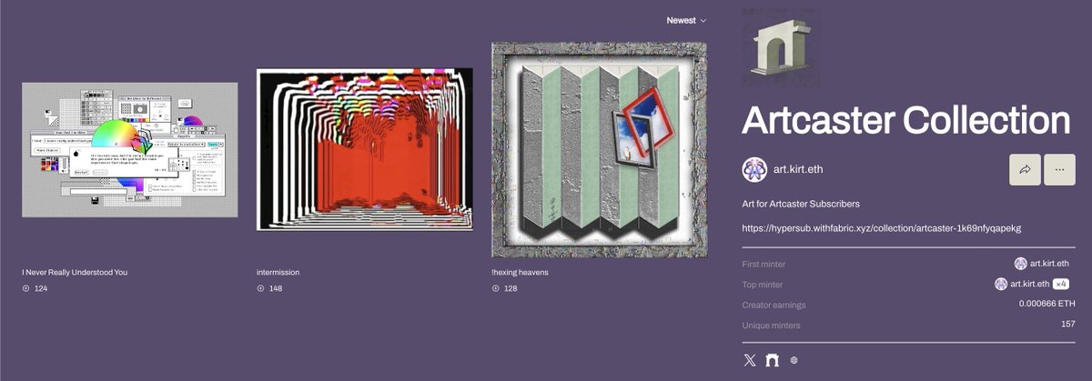 theres a lot of hype surrounding <a href="/base/">Base</a> 🔵 right now. I want to highlight a project that I started a few months ago:

artcaster is a subscription based art collection. Receiving 1 airdrop a month from a new artist. 

featured @noistruct , <a href="/OnChainBook/">Book</a> , and <a href="/sgt_sl8termelon/">sgt_slaughtermelon 🍉</a> 

🔗👇