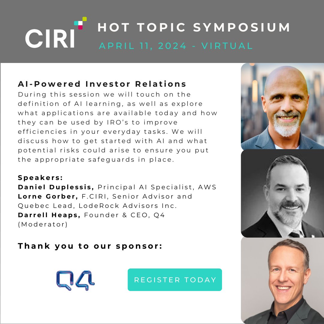 Join us for our AI session which will explore what applications are available today, how to get started with AI & what potential risks could arise. Thanks to @q4tweets. Register here: ciri.org/web/03Prof-Dev…. #CIRI2024 #investorrelations