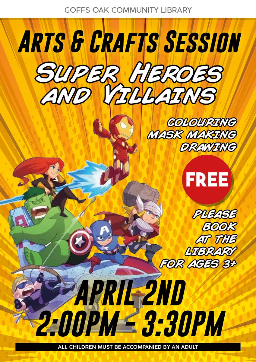 FREE heroes & villains-themed arts & crafts afternoon on Tuesday 2 April. Drawing, colouring and mask-making will be available for ages 3+ with an accompanying adult. Pre-book places at the library.
#LoveHertsLibraries #HertsLibraries #EasterHolidays2024 #EasterHolidayActivities