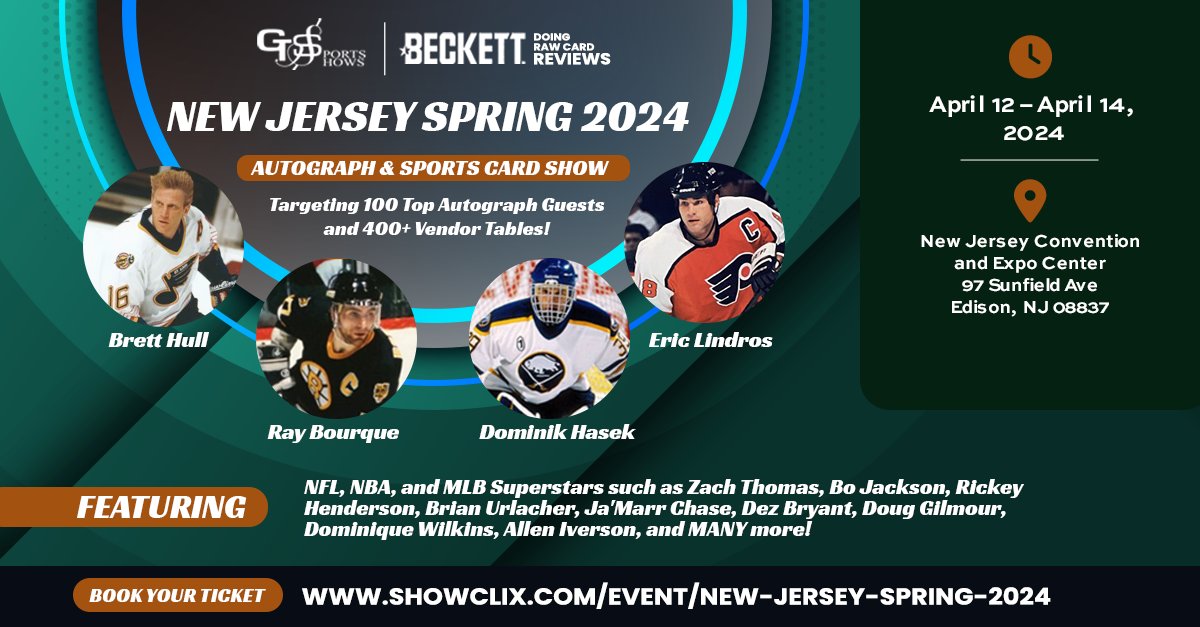 I will be in New Jersey at the Largest Autograph Event of the Year with hockey legends @88EricLindros, Owen Nolan, Brett Hull, @douggilmour, @theadamoates, Dominik Hasek and more. Visit gtsportsshows.com for more info. See you there!