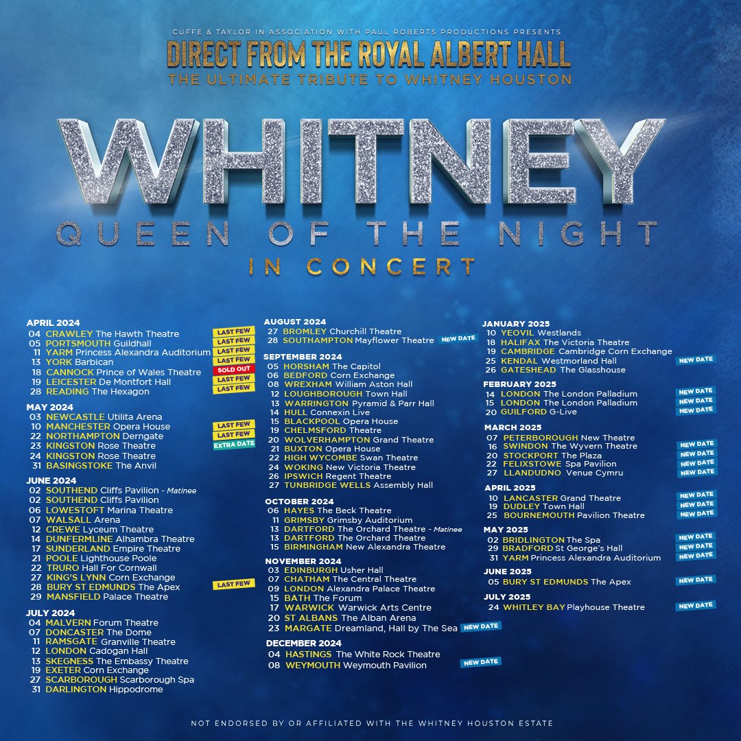 Whitney - Queen of the Night adds further 2025 dates to the tour, plus two FINAL 2024 dates! 🎟️ On sale 10am, Friday 5th April. For presale access on Thursday 4th➡️ cuffeandtaylor.com/register 🤩 Don't forget we're also visiting arenas this year! All info ➡️ bit.ly/qotnarena