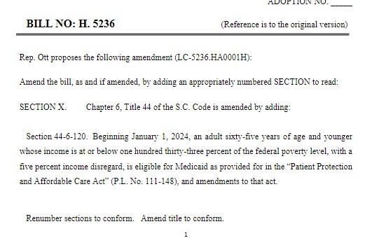 A tiny bit of Thursday shenanigans in the SC House. Democrat Russel Ott tried to get the state to expand Medicaid with this amendment submitted with no fanfare on a bill doing a few technical things to the program. It took Republicans a beat, but they protested and stopped it