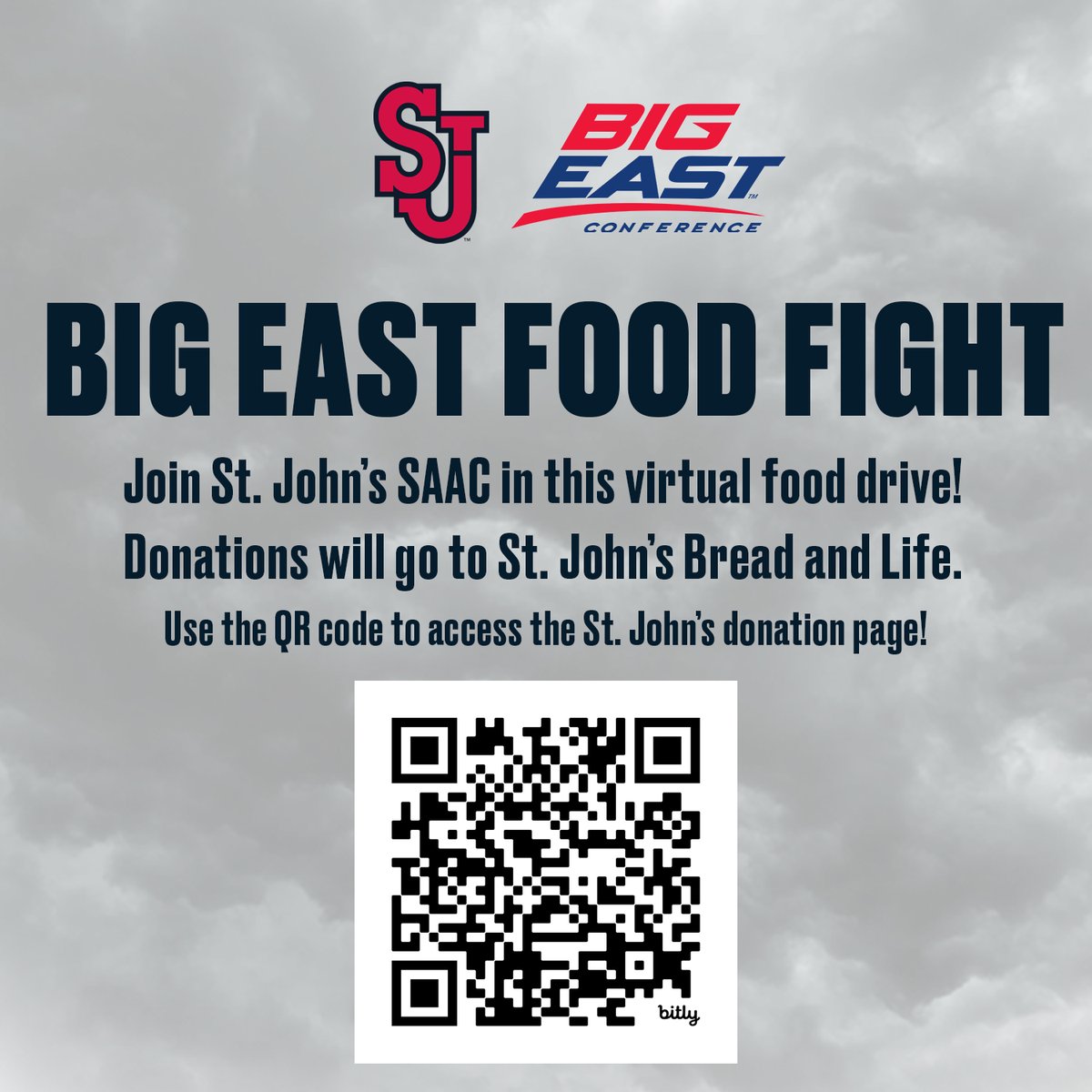 The @BIGEAST Food Fight continues through April 19th! Join St. John’s SAAC as they compete against other BIG EAST schools. All St. John's donations will go to St. John's Bread and Life! Use the QR code or the click the link below ⤵️ yougivegoods.com/drive/view/311…