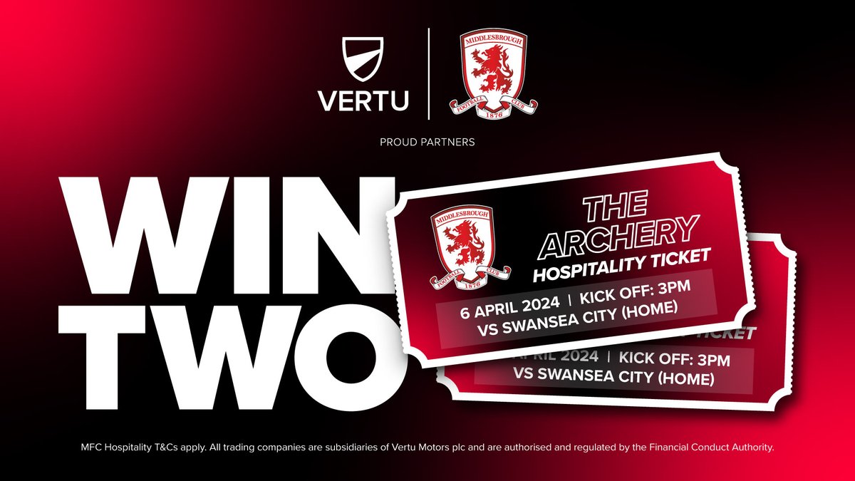 Calling all @Boro fans! WIN a pair of The Archery Hospitality Tickets to the Swansea City Game on 6th April 2024 ⚽️ All you have to do is: 📣FOLLOW our page ❤️ LIKE and REPOST this post Winner announced on 03.04.24. Full T&Cs >> vertumotors.com/news/win-compe… #VertuMotors #Boro