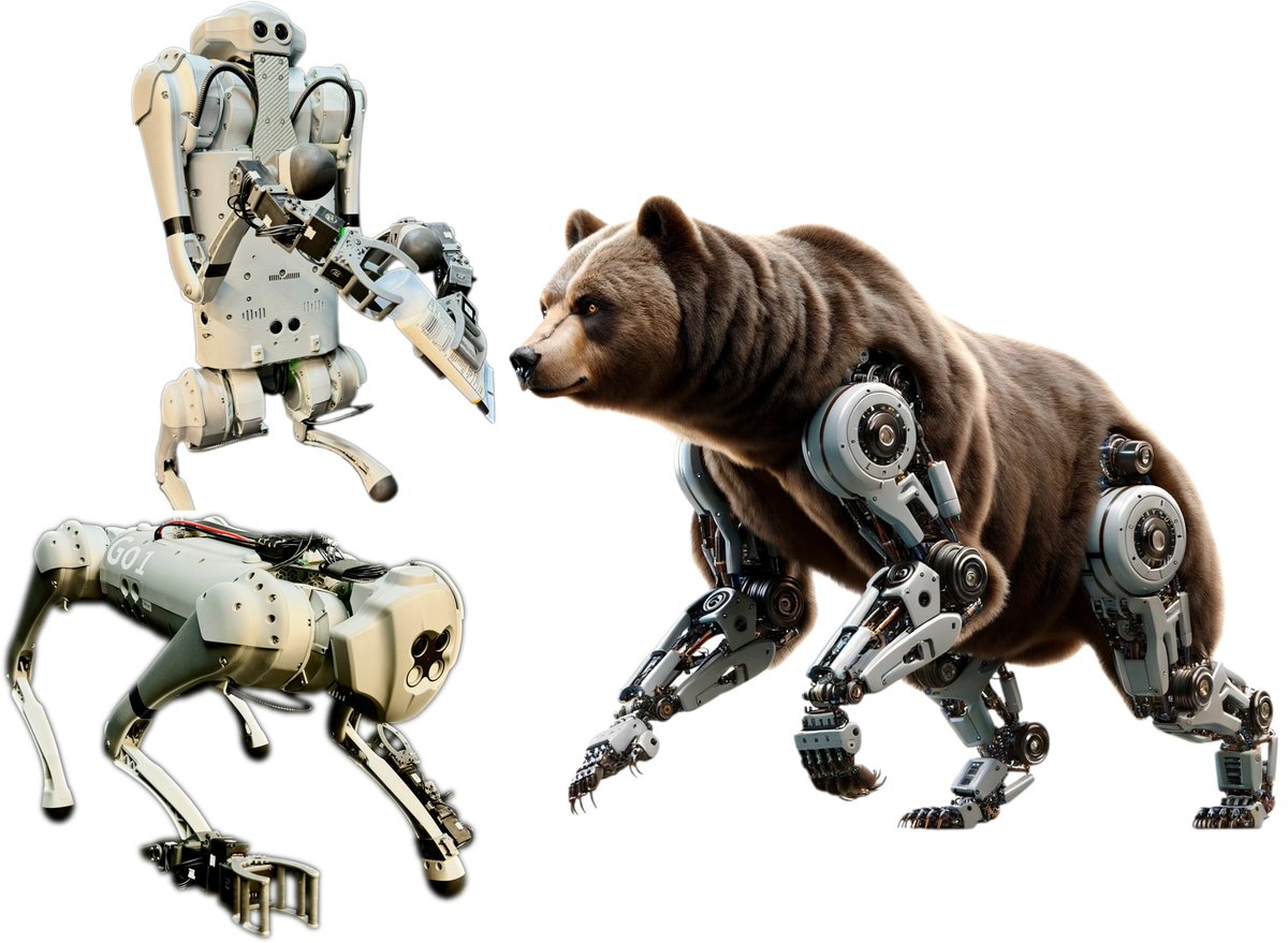 yaru_niu's tweet photo. The concept of our loco-manipulators (https://t.co/19jQM6UzPK) draws inspiration from the limbs of animals like great apes🦍and bears🐻, which are adept at both locomotion and skilled manipulation. This design enhances the quadrupedal robots’ dexterity for manipulation, while maintaining their agility. Here are some advantages for loco-manipulators vs. top-mounted manipulators:

🐾Loco-manipulators: lightweight, low-cost, compact, natural bimanual manipulation (like a humanoid!), ideal for narrow or low areas

🦾Top-mounted manipulators: more powerful manipulator, larger workspace above the torso, potentially more stable operations (check out the amazing recent work from @xiaolonw's group: https://t.co/LVTAVEKMWs!)

Which one would be better for loco-manipulation of quadrupedal robots? Loco-manipulators or top-mounted manipulators? Or even a combination of two?🤯One step further, are these quadrupedal transformers more capable/efficient than humanoids in some ways?🤯