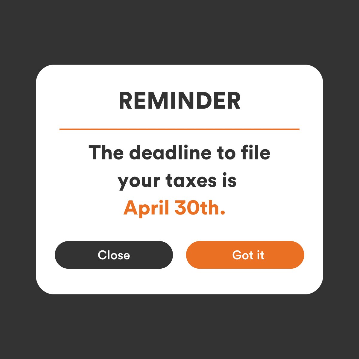 Heads up! 🚨 The 2024 tax filing deadline is April 30th. Not filing your tax return by the deadline may result in you having to pay interest, fees, or penalties.