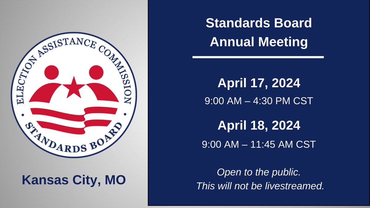 Join @EACgov's Standards Board Annual Meeting! Members will discuss lessons from the presidential primaries, the impact of artificial intelligence on elections, and more to prepare for the general election. The public can register to attend here: eac.gov/events/2024/04…