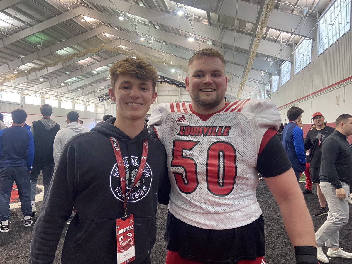OscarFrye18TD's tweet photo. Big thanks to @TMossbrucker, @BrianBrohm, and the Louisville football staff for the invite to spring practice. Great to catch up with Brownsburg legend, current Louisville OL Pete Nygra. Awesome experience.

@PNygra54 @LouisvilleFB @CoachWhitaker1 @JeffBrohm @ULFBRecruiting @pete_nochta13 @xfactorQB @DfwSho