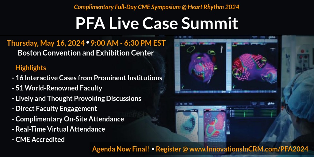 #EPeeps Agenda Now Final and Registration Open for the PFA Live Case Summit @ Heart Rhythm 2024! It features 16 interactive cases from renowned institutions and is complemented by lively discussions with Q&A sessions. Learn More & Register @ Innovationsincrm.com/pfa2024