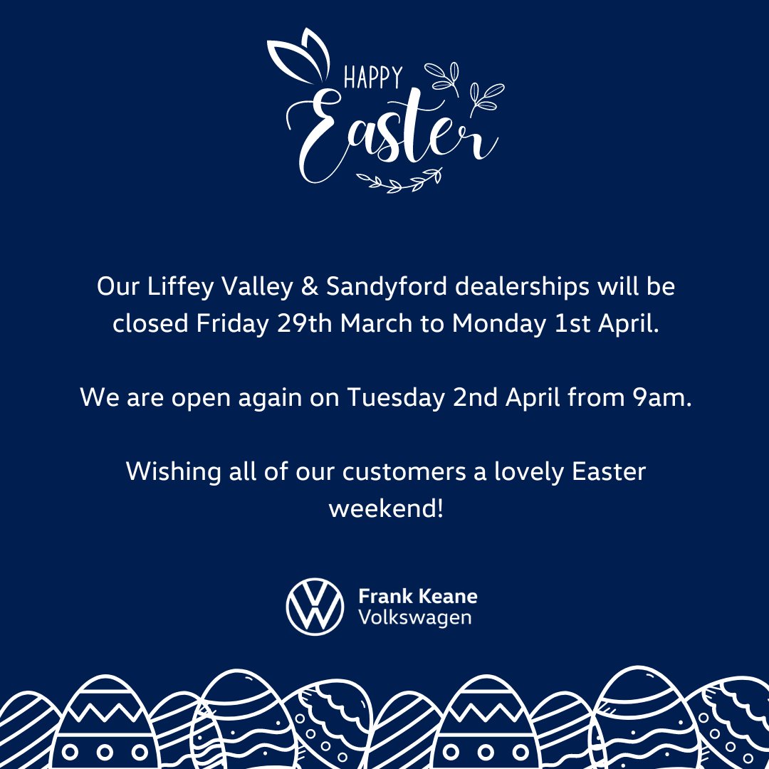Easter weekend opening hours Please find below our updated business hours for the long weekend From the team at Frank Keane we would like to wish you all a very Happy Easter!! #frankkeanevolkswagen #easterholiday