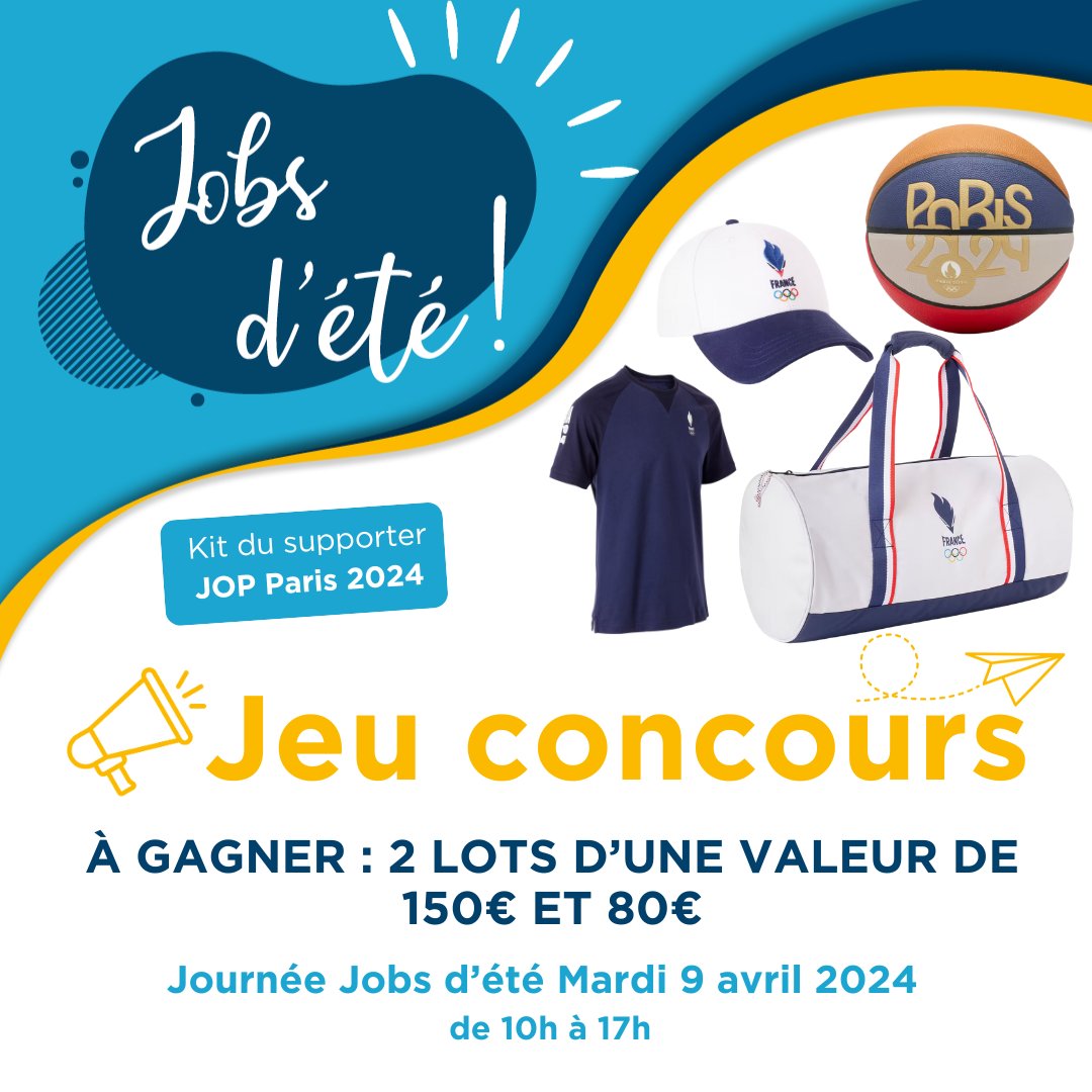 🎁🏅 Ça vous dit de gagner un SUPER KIT DU #SUPPORTER pour les #JOP #Paris2024 d’une valeur de 150€ ou 80€ ? 🎉

🌞 Rdv à la Journée #jobsdété le mardi 9/04 à la Région <a href="/iledefrance/">Région Île-de-France</a> à Saint Ouen ! 2 chanceux repartiront avec un lot d'une valeur de 150€ et 80€ ! ⤵️