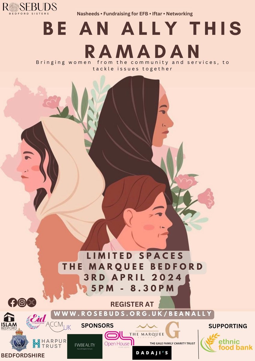 Come to this Rosebuds' Iftar event we're sponsoring at The Marquee in Kempston Hardwick on Wednesday. It aims to bring women from the community & services together this Ramadan. Register to attend at rosebuds.org.uk/beanally #TogetherforBedford #Ramadan #Iftar #Community #Bedford