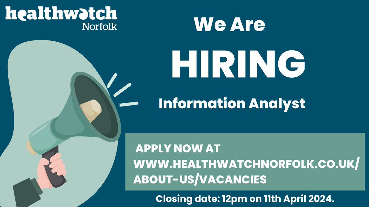 Looking for a new role? Our Information Analyst is moving on and we are looking for someone to join our team who can help interpret what people tell us about their health and care. Find out more and apply at healthwatchnorfolk.co.uk/about-us/vacan…