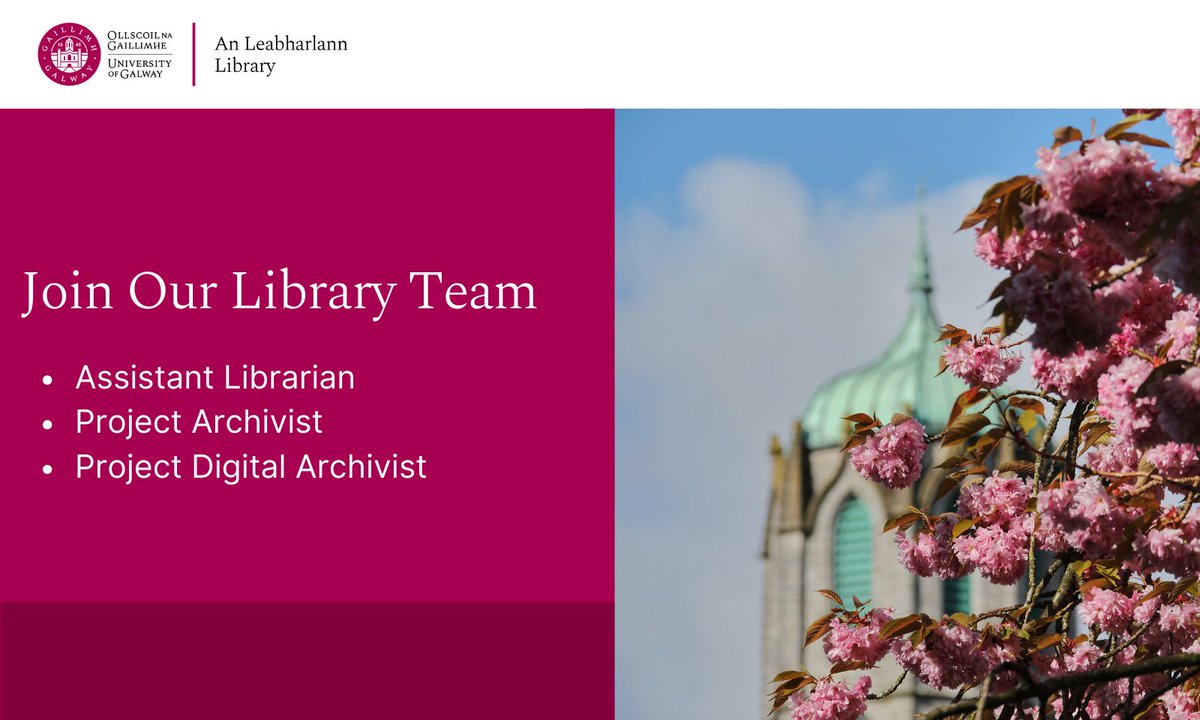 Join our vibrant University Library team! Job opportunities: Assistant Librarian (Quality Project), Project Archivist, Project Digital Archivist. Learn more and apply at: universityofgalway.ie/about-us/jobs/