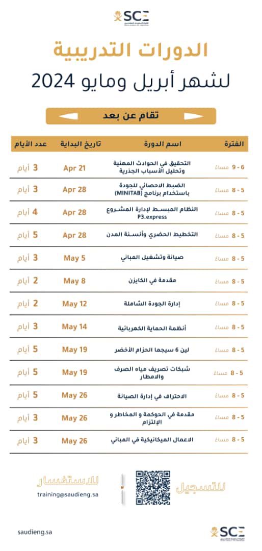 SultanMuazi's tweet photo. #برامج | تُعلن الهيئة السعودية للمهندسين @Eng_Council عن طرح برامج تدريبية لشهر أبريل و مايو لعام 2024 م ، للتسجيل ⬇️ :

https://t.co/g3R7iexRwv https://t.co/Go1vZuCEK3