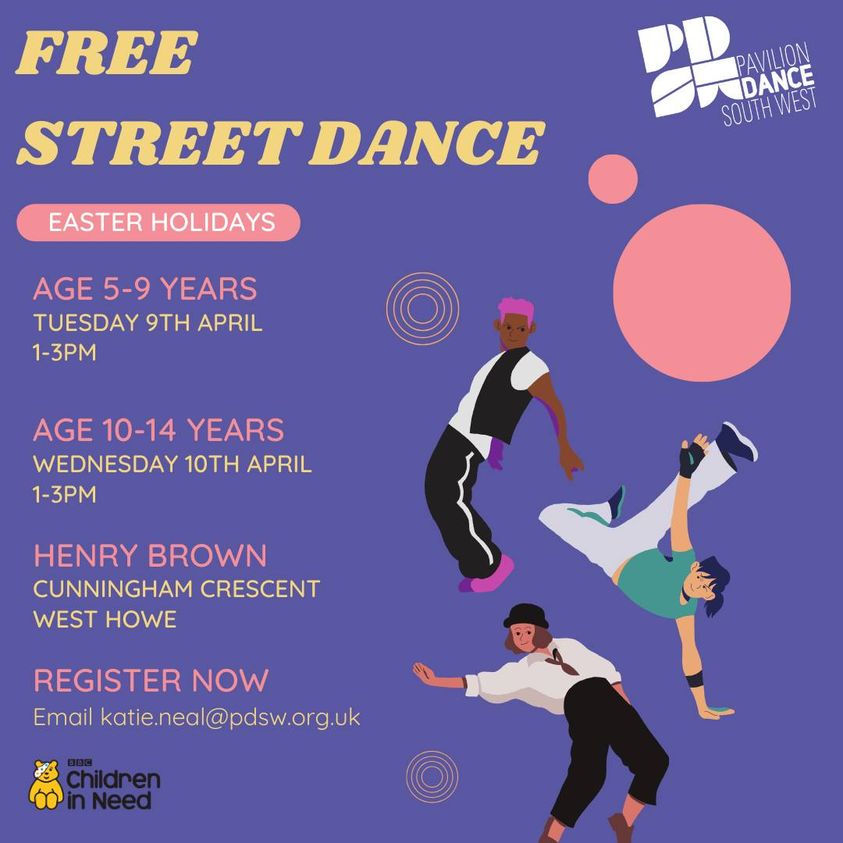 Join Pavilion Dance this Easter for free 2 hour street dance classes in West Howe! Register by emailing katie.neal@pdsw.org.uk