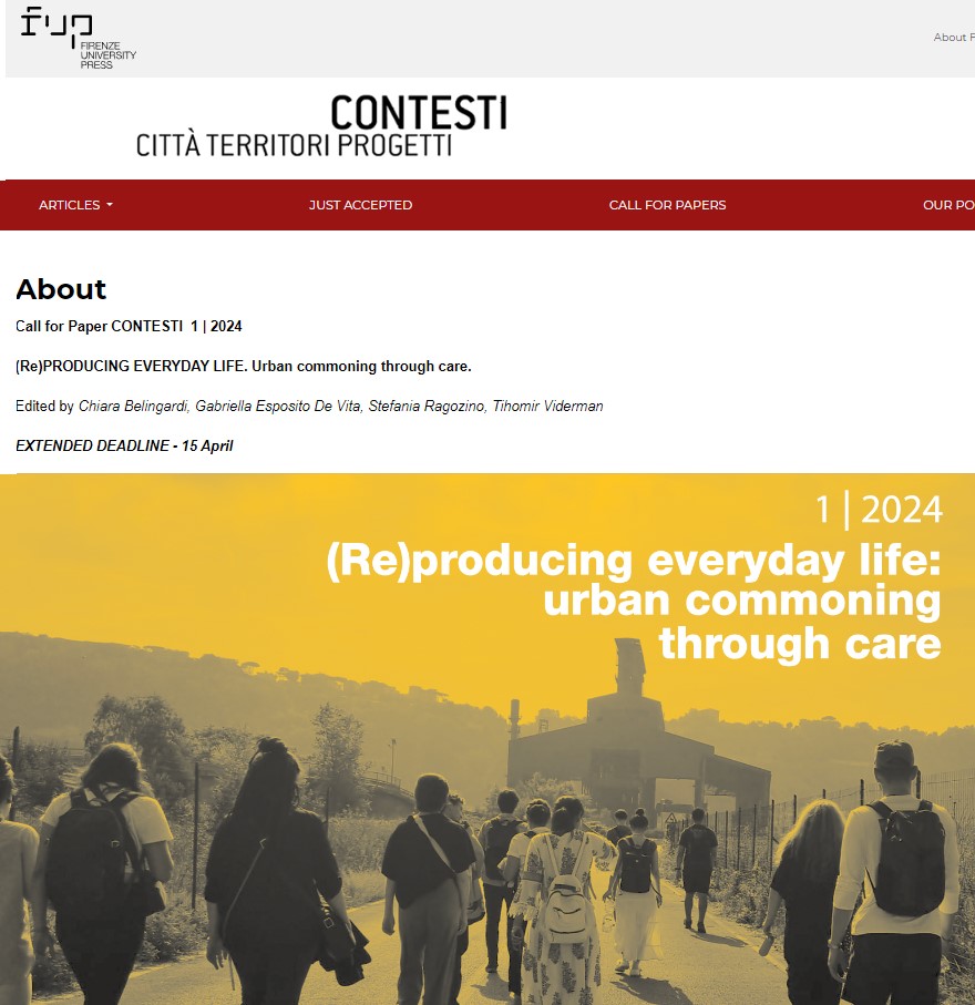 📣Important announcement: extended deadline for the Call for Papers of CONTESTI 1 | 2024 📌(Re)producing everyday life. Urban commoning through care📆Submit your paper by April 15, 2024 Don't miss this opportunity❗ Here the call👇👇 shorturl.at/glvAI #urbancommons #care