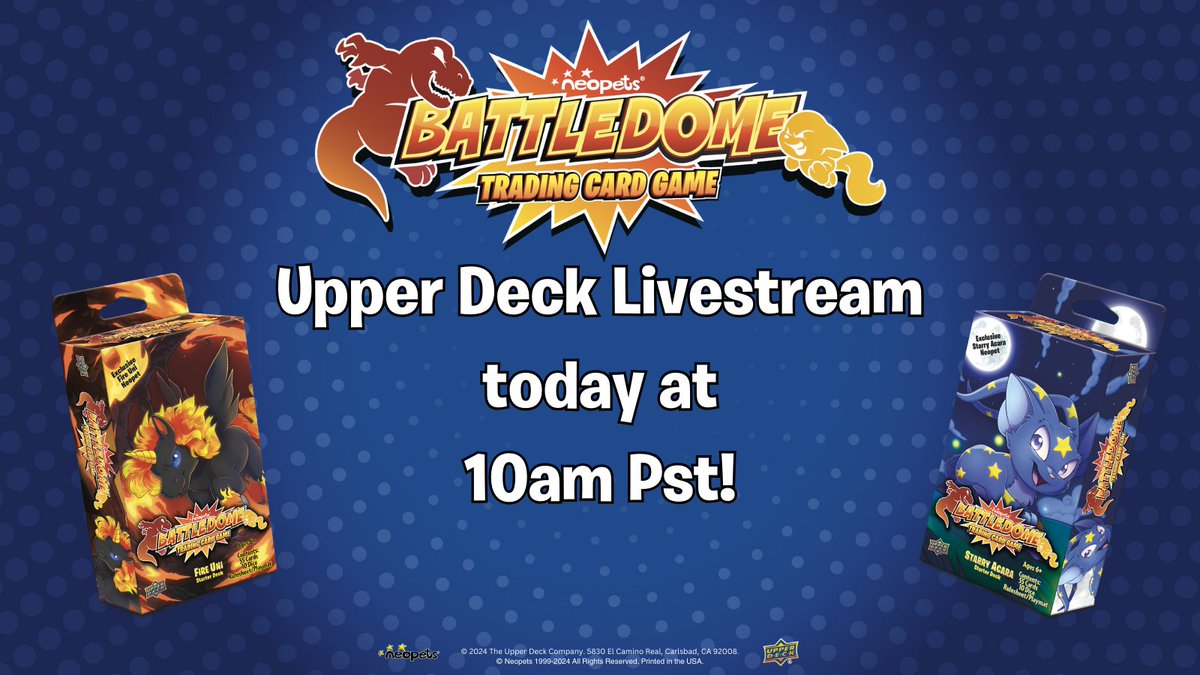 Don't forget! @UpperDeckEnt will be going live on @Twitch with game designer Bobby Coovert in just one hour to discuss the latest @Neopets #Battledome TCG card previews and show off even more! - Today at 10am PDT/NST (1pm EDT) Check it out here: bit.ly/3xchnXN