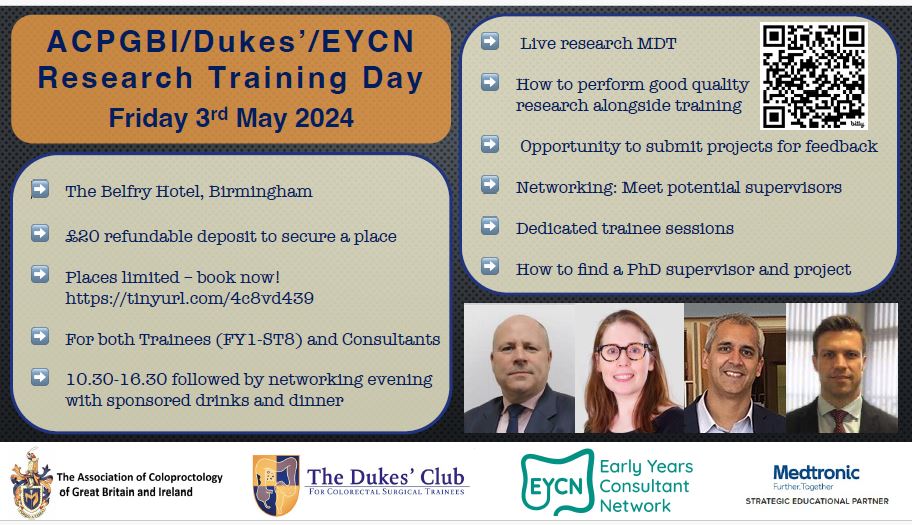 Exciting opportunity alert! Join us at the @ACPGBI @Dukes_Club @EYCN_ACP Research Training Day on 3 May in Birmingham. Learn how to perform quality research, get project feedback, network with supervisors, and find a PhD mentor. Don't miss out! 👉bit.ly/EYCN_RandA