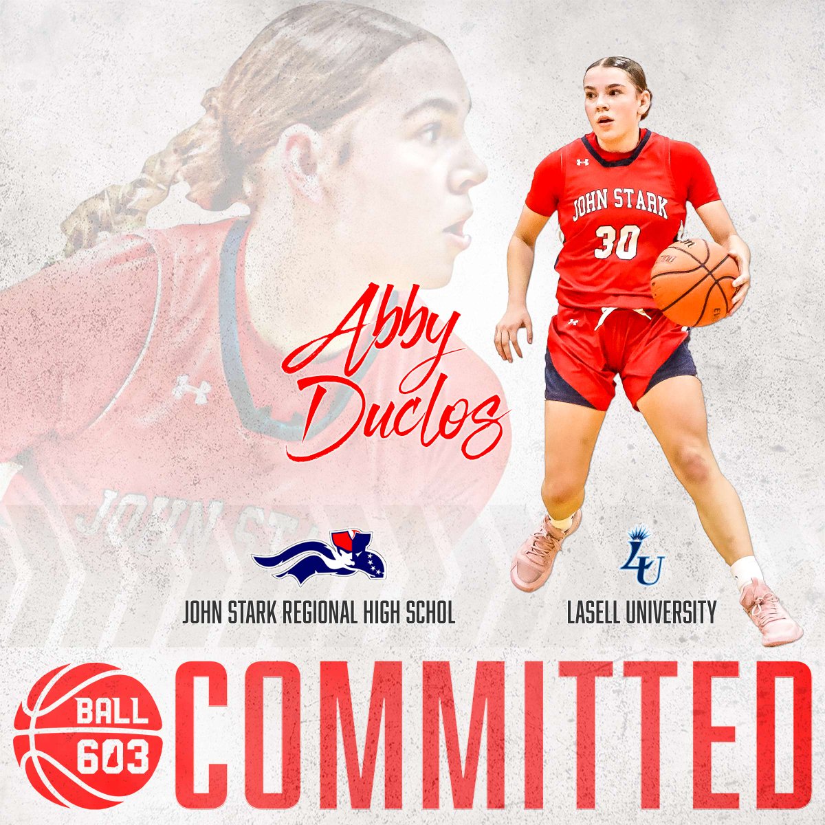 Upon graduating from John Stark this spring, Abby Duclos will continue her playing career at Lasell University in Newton, Mass. Abby plans to major in Health Science while playing for the D-III Lasers. Best of luck Abby! #Ball603committed @LasellWBB 📸 Jill Stevens