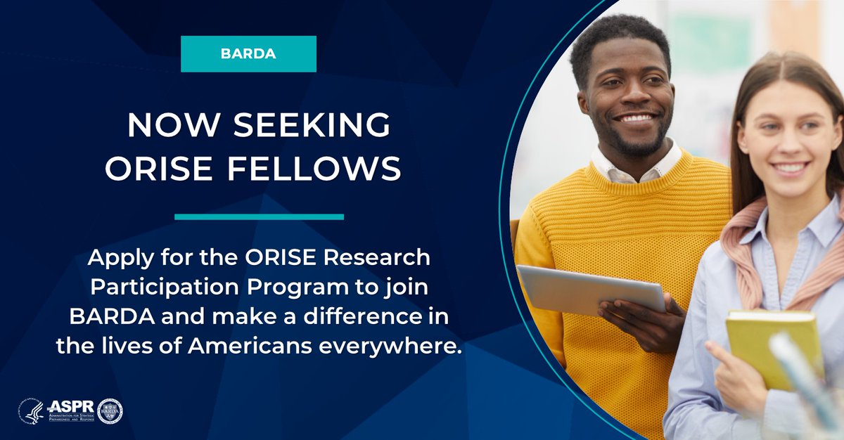 BARDA is seeking post-graduate fellows through the @ORISEconnect @ExperienceORISE Research Participation Program. Fellows have the opportunity to participate in different programs, projects & activities across BARDA. Apply by April 15: ow.ly/E4YH50QZ8vl