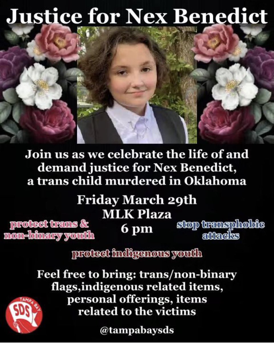 Join TBSDS in a vigil for Nex Benedict, a young trans kid who tragically lost their life. 📆 Friday, March 29th ⏰ 6:00 pm 📍 MLK Plaza Please bring items relating to to them to place at a temporary alter during the vigil. 🏳️‍⚧️🏳️‍⚧️