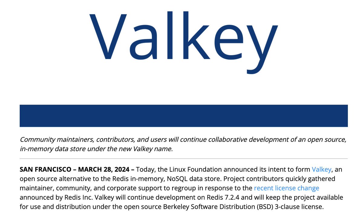 open source communities abhor a vacuum when it comes to rug pulling: 'Linux Foundation Launches Open Source Valkey Community' linuxfoundation.org/press/linux-fo…