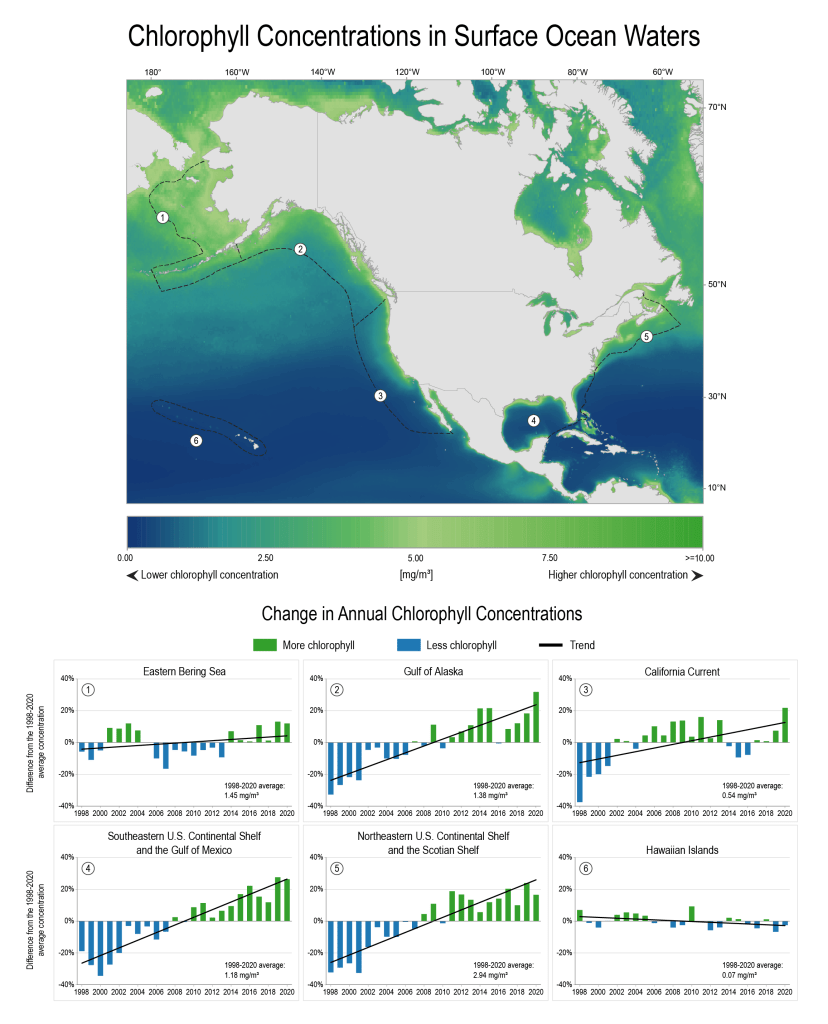 The concentration of chlorophyll is an indicator for the amount of photosynthetic plankton, or phytoplankton, present in the ocean. Thank to @NOAAFisheries and @NASA for the data used in the USGCRP Ocean Chlorophyll Concentrations – find out more: globalchange.gov/indicators/oce…