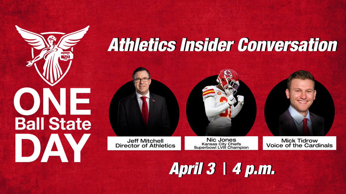 BallStateCVC's tweet photo. 📢📢📢calling all @BallStateSports fans! Don't miss out on the chance to join an insiders conversation on #OneBallStateDay with @JeffMitchellBSU, @emmapotter__, @MickTidrow and BSU alum and Super Bowl LVIII Champion, @Showout_NJ! FREE! RSVP today! https://t.co/dUQUOgeiOR https://t.co/mNhQCB7wRo