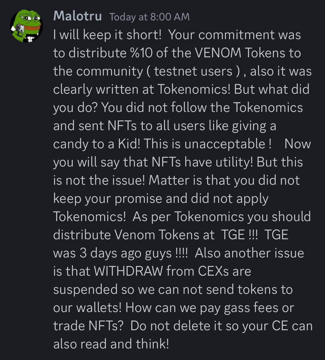 machtuk's tweet image. You are disgraceful. Greed destroyed venom.
21 task complete, I get nothing.
22 tasks you get a worthless NFT.
YOUR OWN TOKENOMICS FROM 3 DAYS AGO said testnet participants get 10% airdrop!!!
EPIC FAIL.
Greedy #VENOMSCAM