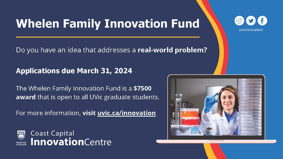 @uvic Graduate Students! Applications for the $7500 Whelen Family Innovation Fund are due this Sunday, March 31st! visit uvic.ca/innovation for more details and how to apply! @UVicResearch @UVicECS @GustavsonUVic