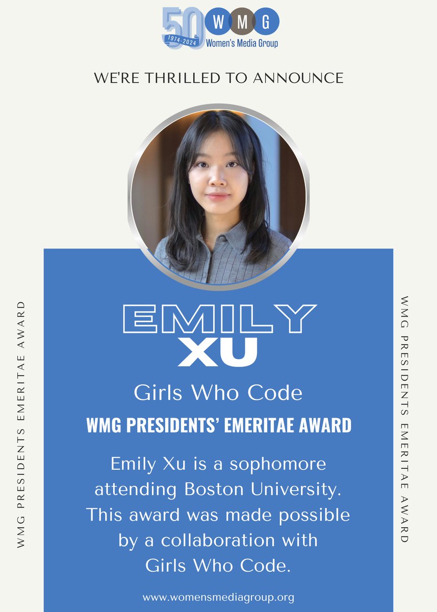 Congratulations to Emily Xu, recipient of WMG's 2024 Presidents Emeritae Award! This award was made possible by a collaboration with Girls Who Code. We're proud to support your dedication to inclusivity & diversity. Here's to your continued success!