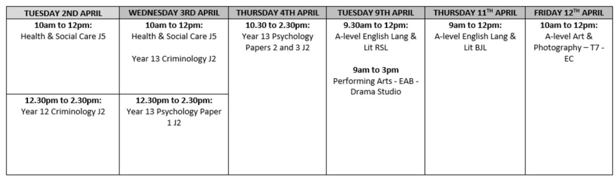 Our Year 12 and 13 Easter intervention timetable: