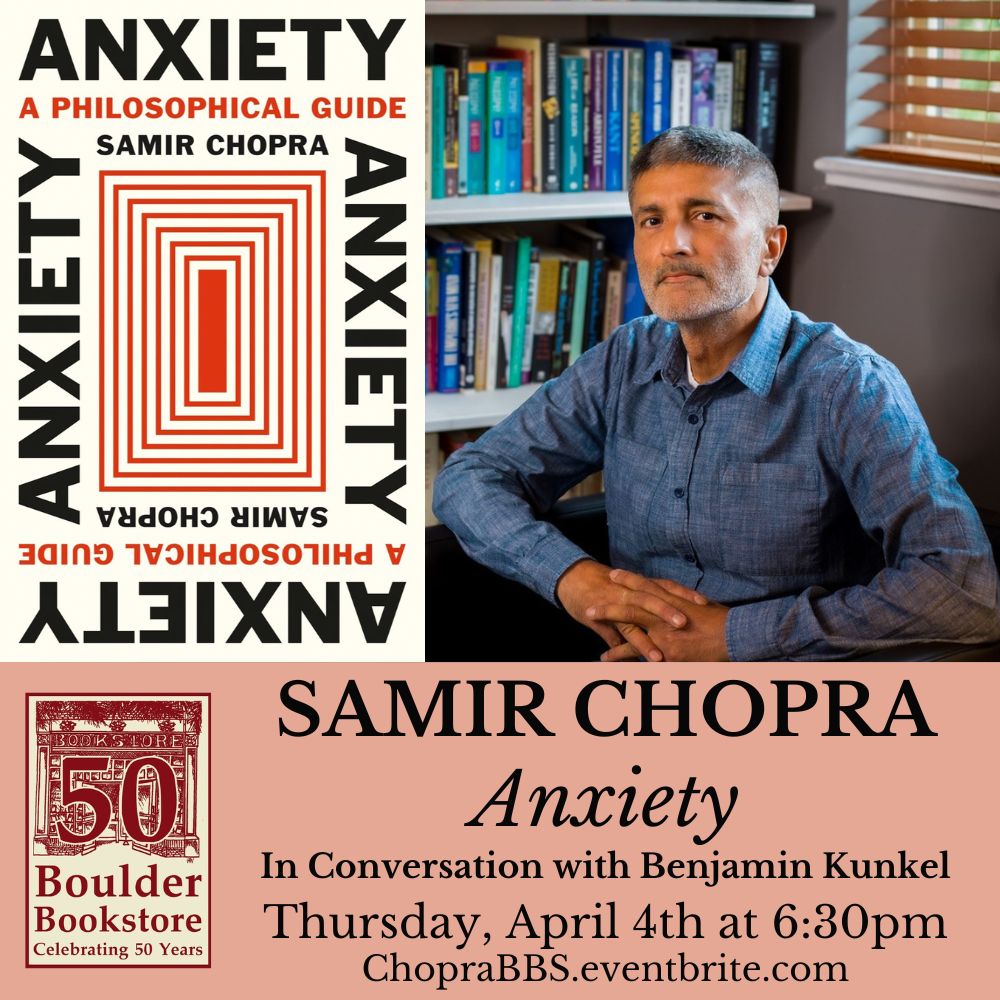 Anxiety is thought of as a pathology, but philosophers argue that it's an essential part of being human. Join us next week when Samir Chopra will be here to celebrate his new book, 'Anxiety: A Philosophical Guide' - he'll be in convo w/ @kunktation! Tix: ChopraBBS.eventbrite.com