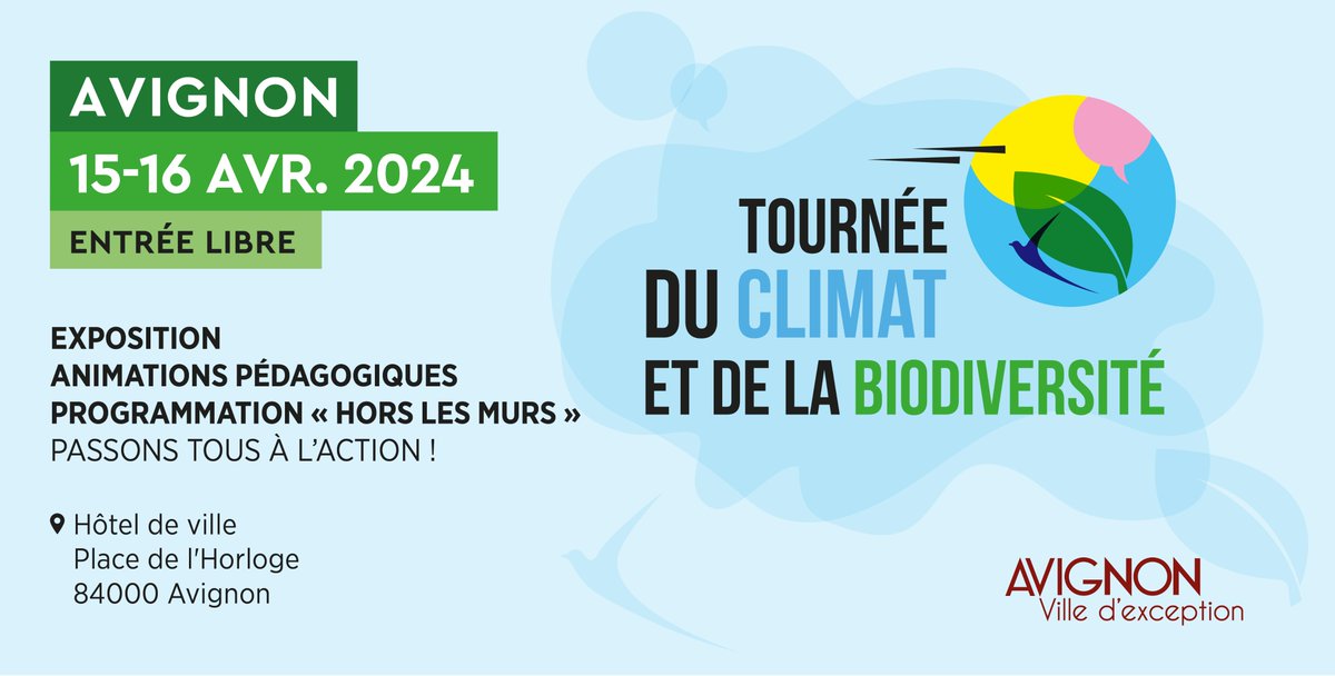 Tournée du Climat et de la Biodiversité (@tourneeclimbio) on Twitter photo Avignonnais ? Envie de tout comprendre au changement climatique et à l’érosion de la biodiversité ? Avec nos Messagers, on réfléchit ensemble à nos choix de sociétés futures lors de la #tourneeclimbio !
📍 Hôtel de <a href="/Avignon/">Avignon</a>
đź“… 15 et 16 avril
👪 eventbrite.fr/e/billets-tour… Avignonnais ? Envie de tout comprendre au changement climatique et à l’érosion de la biodiversité ? Avec nos Messagers, on réfléchit ensemble à nos choix de sociétés futures lors de la #tourneeclimbio !
📍 Hôtel de <a href="/Avignon/">Avignon</a>
đź“… 15 et 16 avril
👪 eventbrite.fr/e/billets-tour…