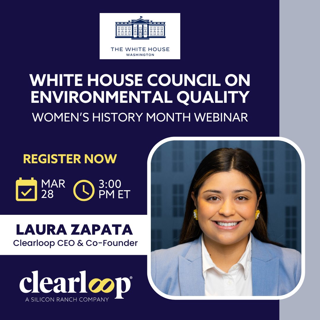 Clearloop Co-Founder and CEO Laura Zapata will be participating in the White House Council on Environmental Quality's Women’s History Month Webinar today, March 28 at 3:00 PM ET / 12:00 PM PT. Register here: bit.ly/4cy66B4 @WhiteHouse @LZapataTN