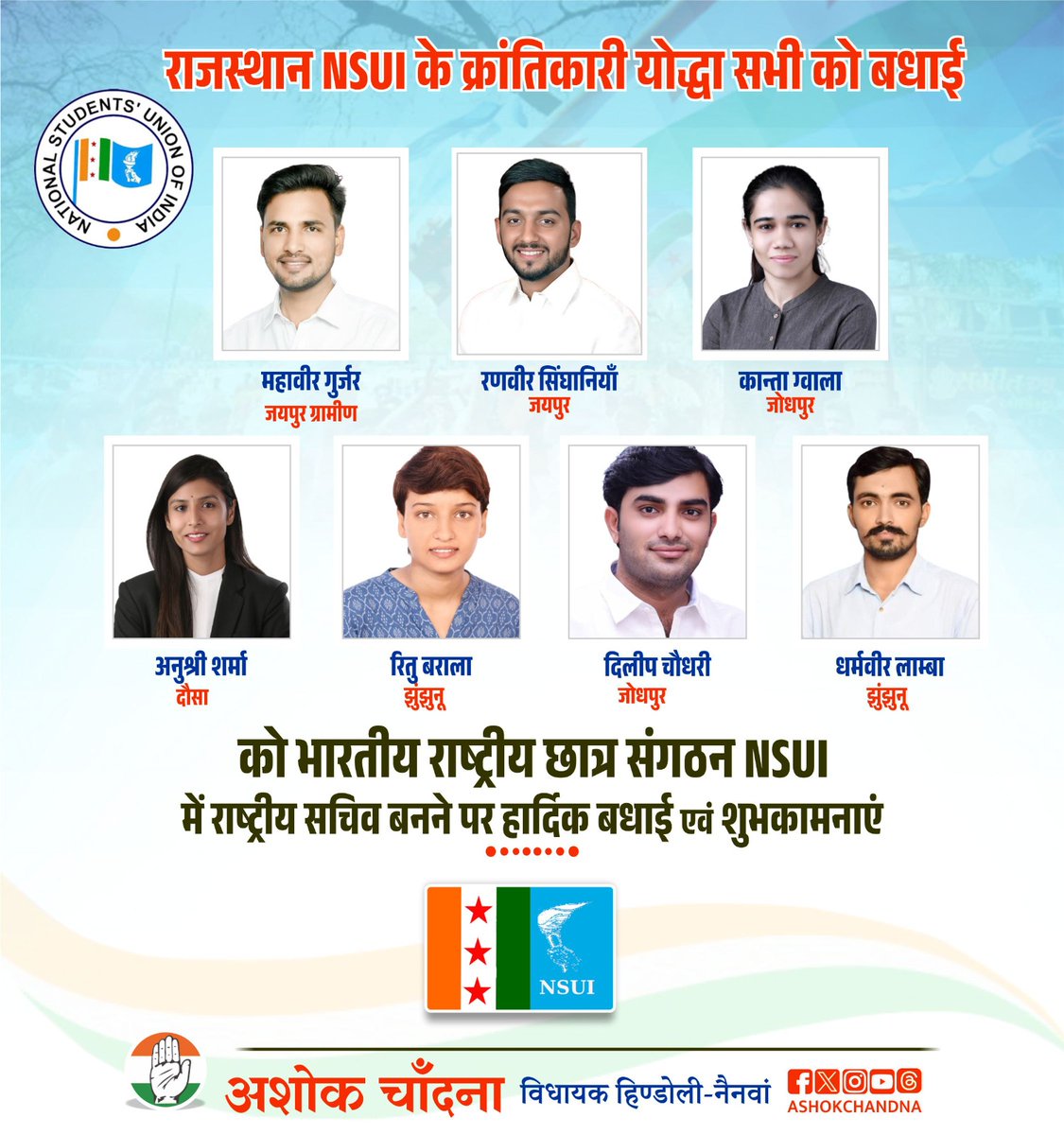 भारतीय राष्ट्रीय छात्र संगठन #NSUI में राष्ट्रीय सचिव की जिम्मेदारी मिलने पर सभी को बहुत-बहुत बधाई एवं उज्जवल भविष्य की शुभकामनाएं l @NSUI @NSUIRajasthan