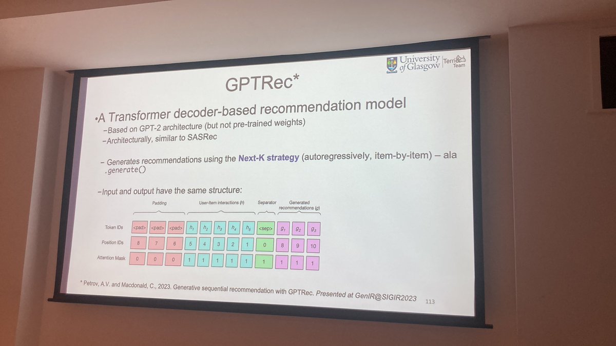 Our main theme of our #ecir2024 Sequence Recommendation with Transformers tutorial is items =~ tokens. Now @asash is talking about GPTRec, generative recommendation