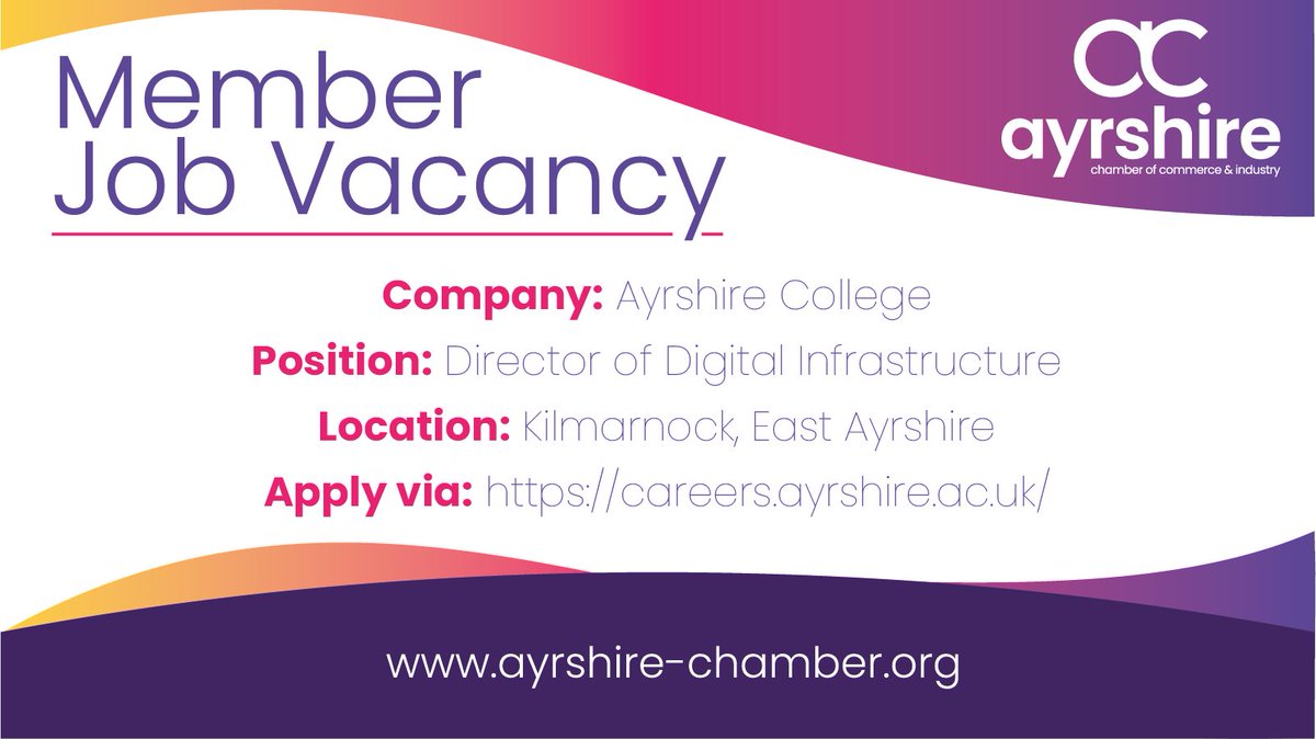 **Member Job Vacancy** Platinum Partners, @Ayrshirecoll, are recruiting for a Director of Digital Infrastructure! 🌎 Kilmarnock, East Ayrshire Apply via 🔗 careers.ayrshire.ac.uk #Ayrshire #JobsInScotland