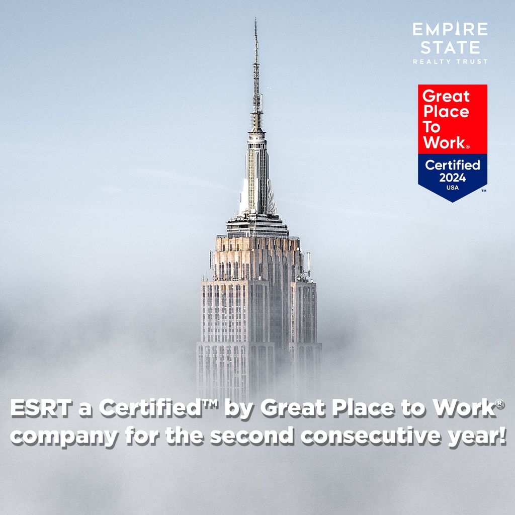 ESRT is honored to announce that we are a Certified™ by Great Place to Work® company for the second consecutive year! This award is based entirely on what our colleagues shared about their experiences at ESRT. Cred: ig/gurdalbibo