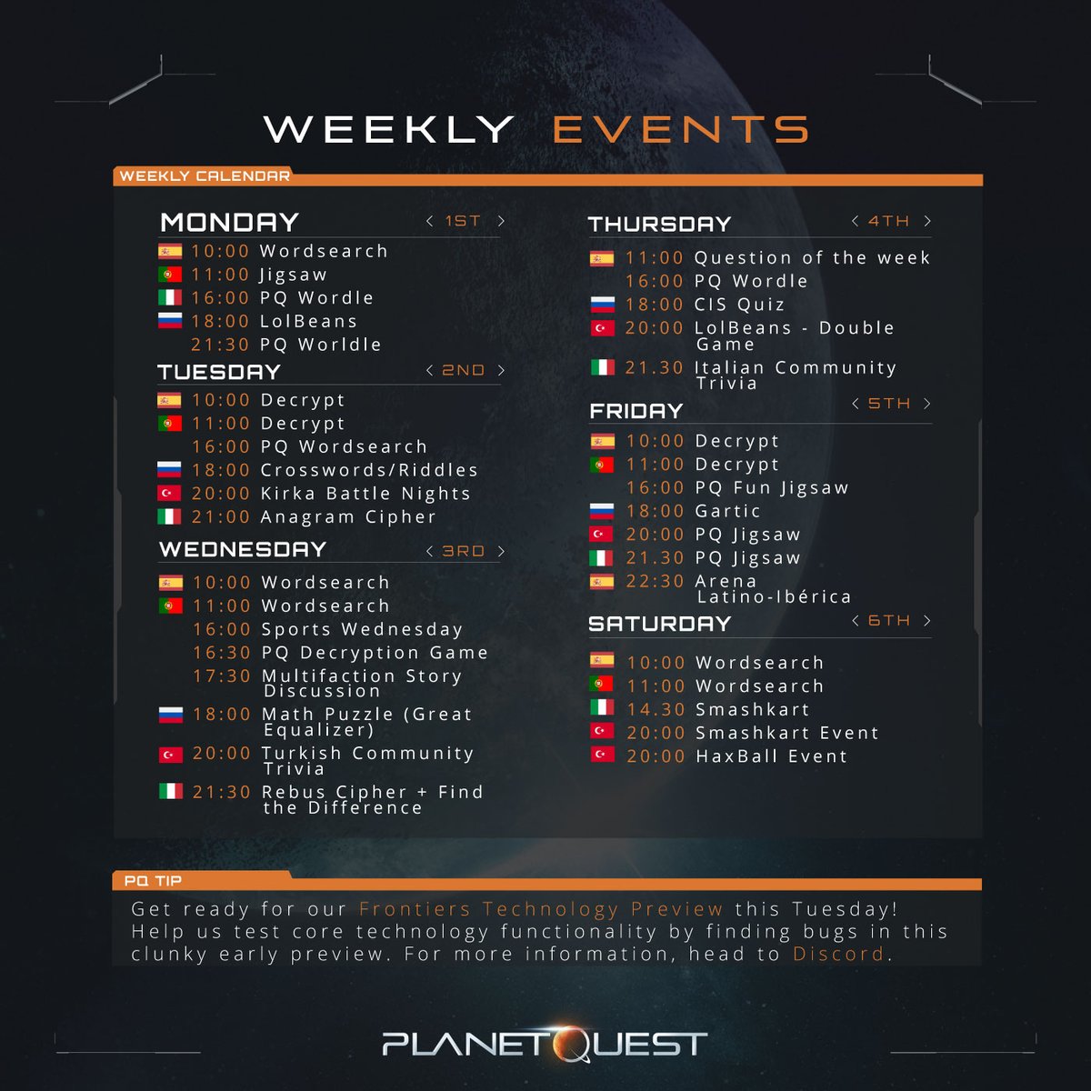 Weekly Community #PQEvents Overview! ✨ All times are CET ⏰ and check out our Discord announcements channel for all information about the Frontiers technology preview! 🚀