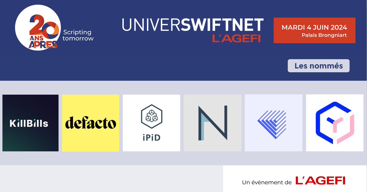 #Universwiftnet - 📆4 juin Inscription : bit.ly/3FAa4KU 🏆Prix Fintech de l'année, qui sera le lauréat 2024 ? Découvrez les nommés : @KillBills_fr - DEFACTO - IPID - @neterium - ARIA - @FiptoHQ