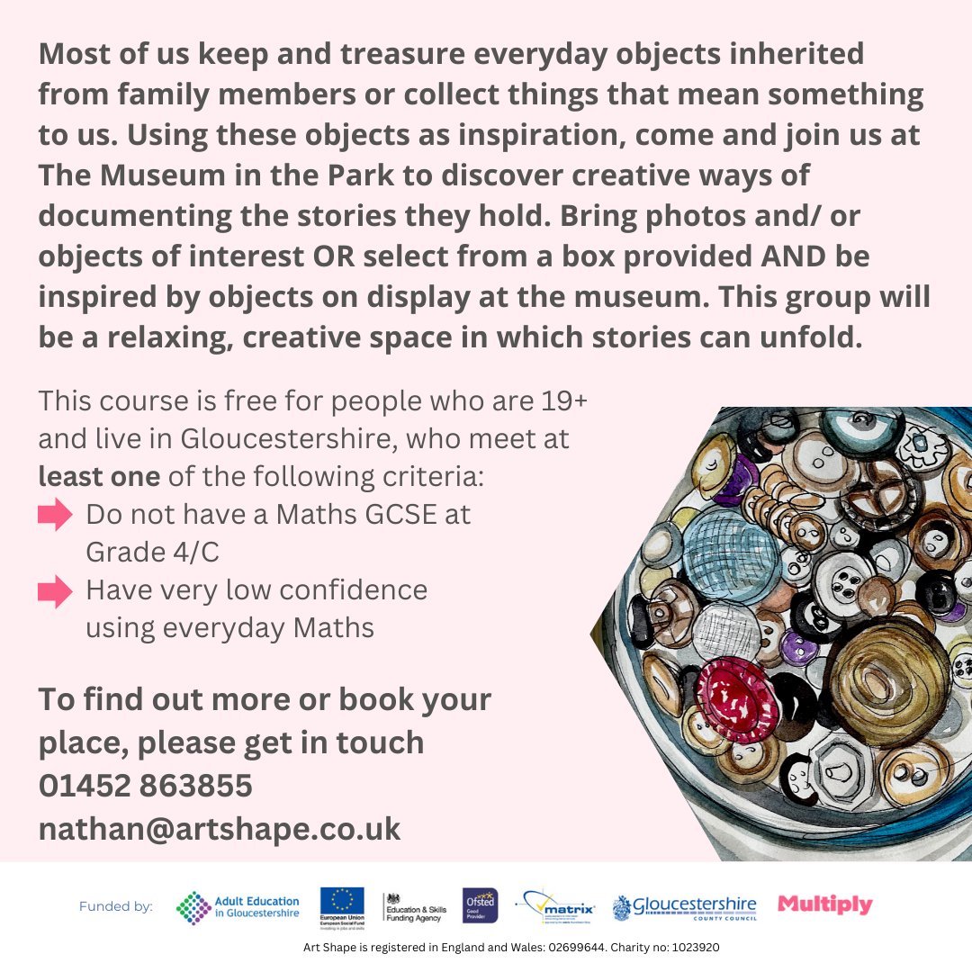 Using objects as inspiration, come and join us at The Museum in The Park to discover creative ways of documenting the stories they hold. Book your place: 01452 863855 or email nathan@artshape.co.uk #ArtShape #Local #Stroud #MuseumInThePark #Gloucestershire #Memories