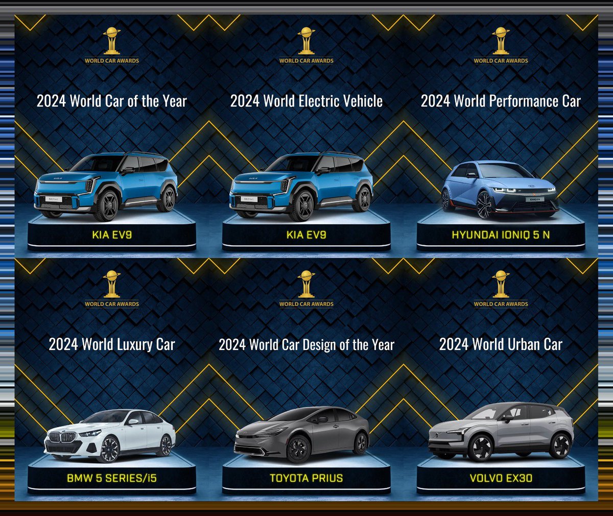 WCA 2024
KIA EV9 DOUBLE WINNER

KIA EV9 – 2024 WORLD CAR OF THE YEAR

BMW 5 SERIES / i5 – 2024 WORLD LUXURY CAR

IONIQ 5 N – 2024 WORLD PERFORMANCE CAR

KIA EV9 – 2024 WORLD ELECTRIC VEHICLE

VOLVO EX30 – 2024 WORLD URBAN CAR

TOYOTA PRIUS – 2023 WORLD CAR DESIGN OF THE YEAR